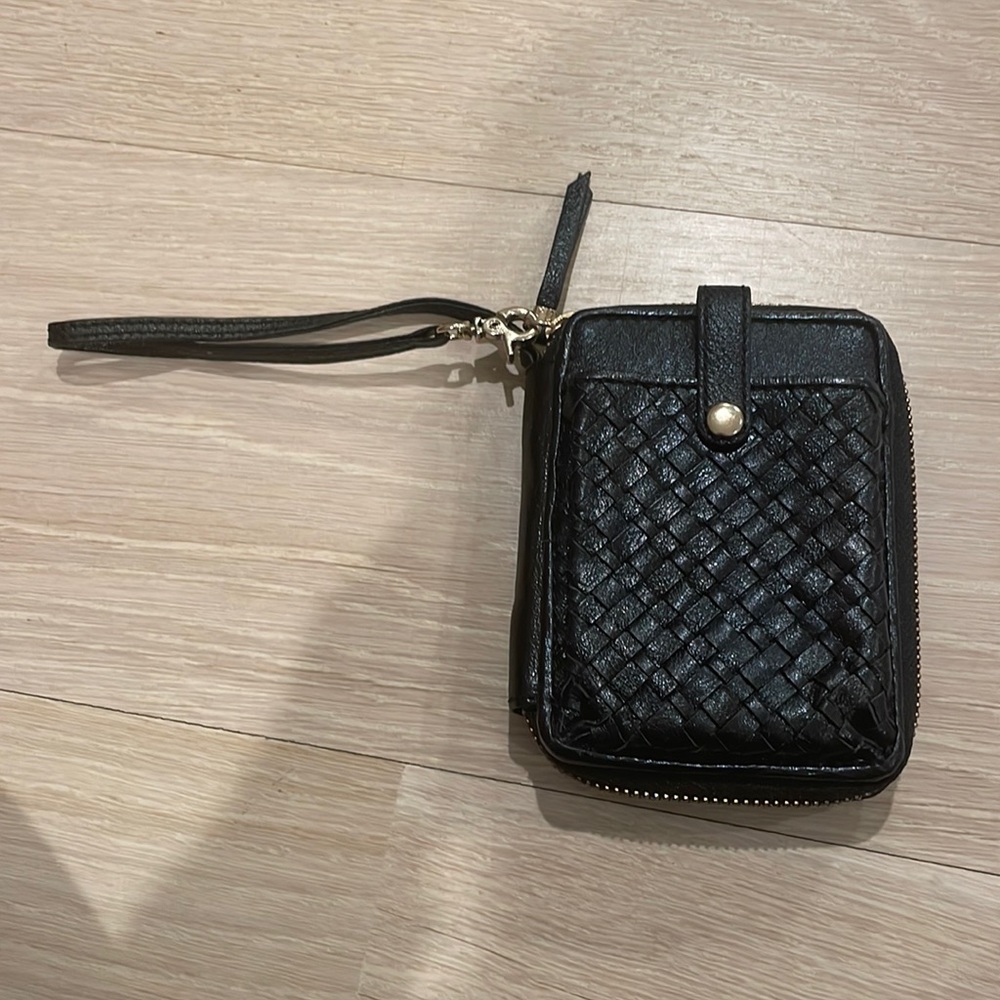 Elliott Lucca wallet with phone holder, black leather w/ strap and gold details